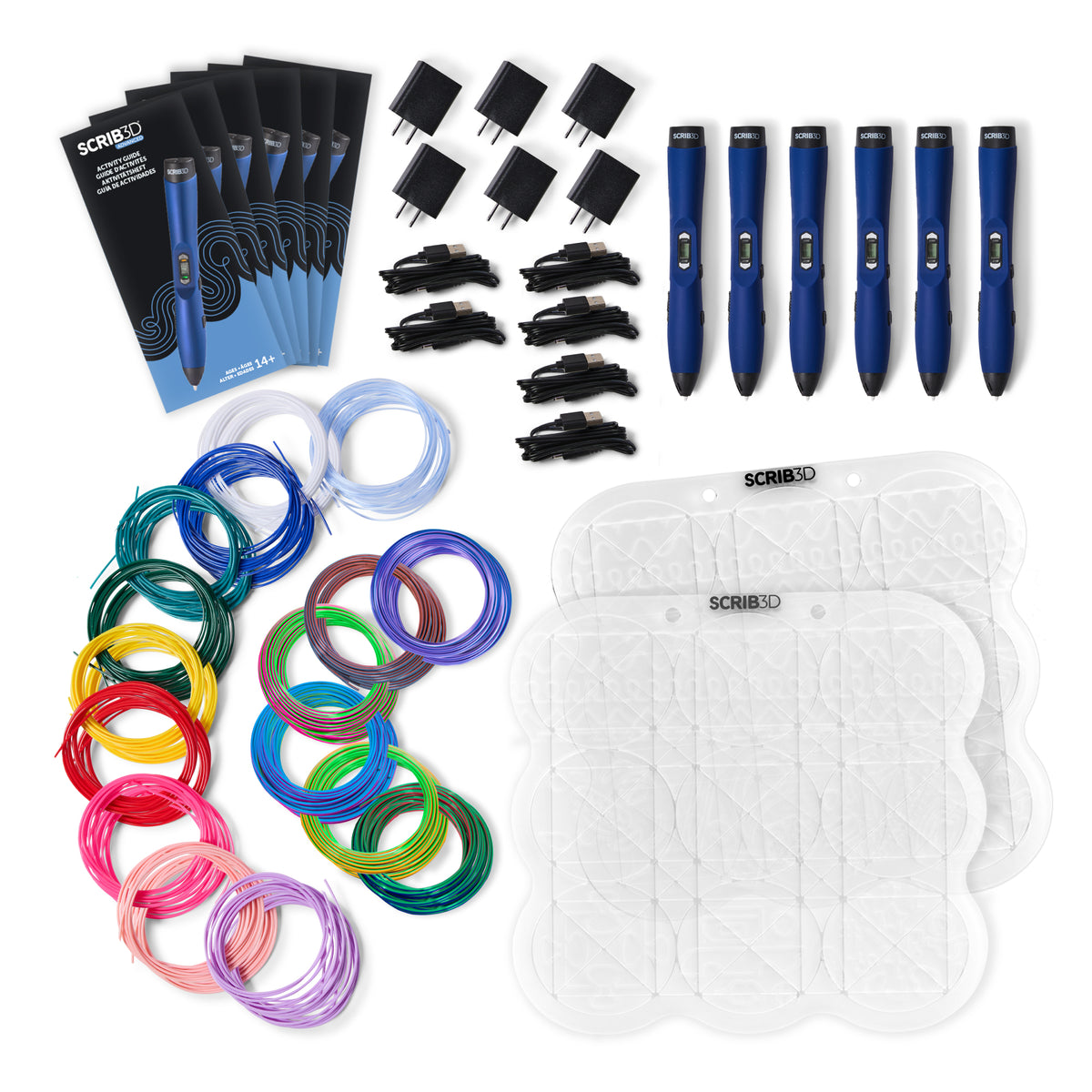 6x SCRIB3D Advanced pens, 6x charging bricks, filament spools, and two scrib pads on a white background