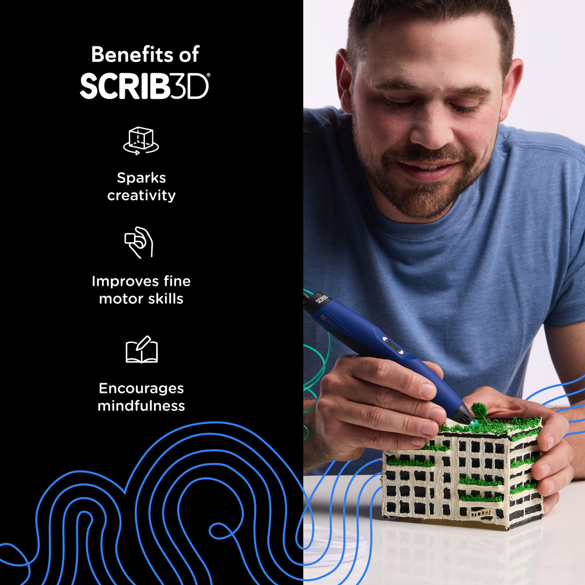A man in a blue t-shirt uses a blue 3D printing pen to build a small building model. The left side of the image features a black panel with white text reading 'Benefits of SCRIB3D' and lists 'Sparks creativity', 'Improves fine motor skills', and 'Encourages mindfulness' with icons.